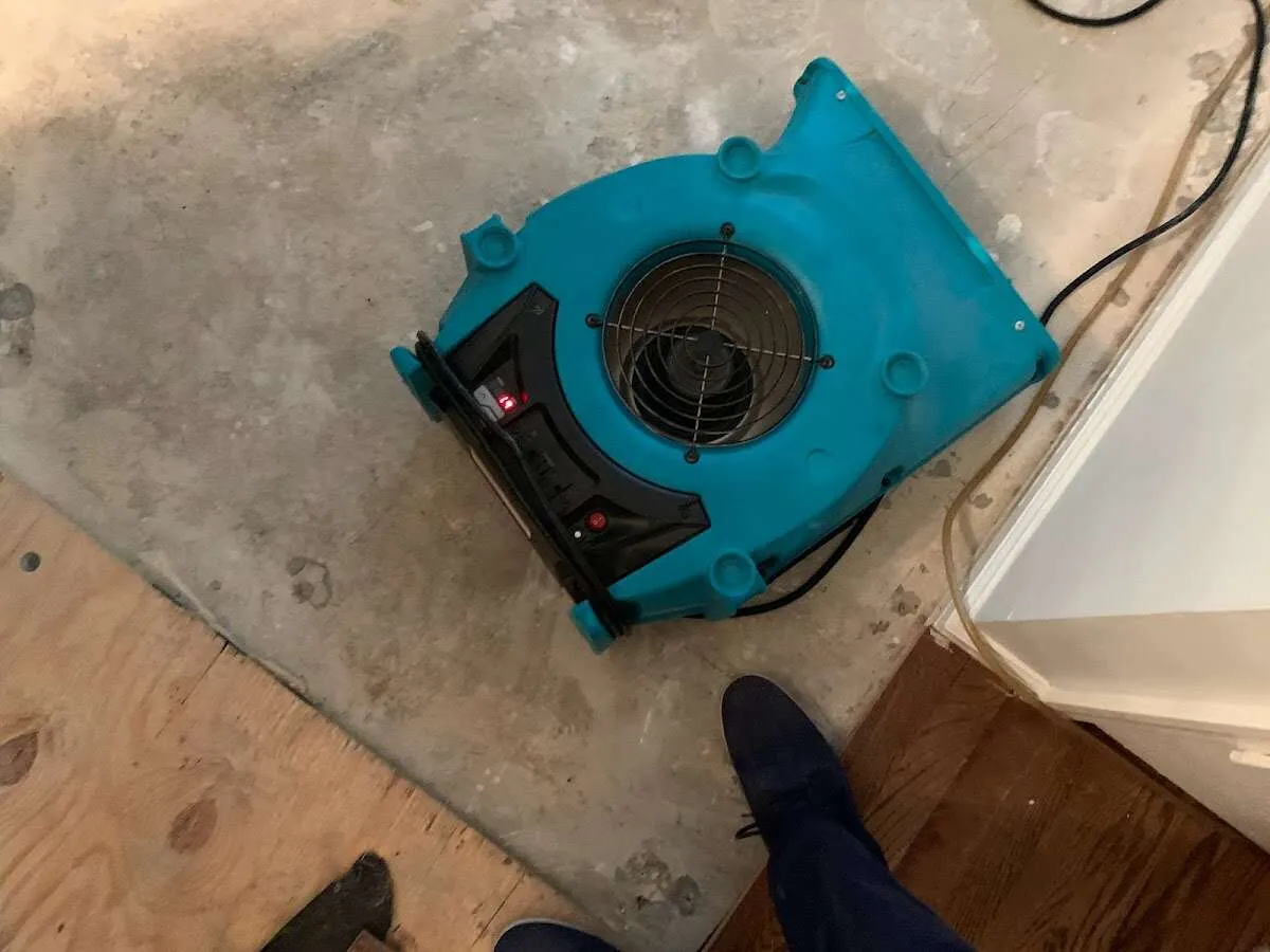 Air mover drying subfloor during Leak Detection & Repair in Brownfield
